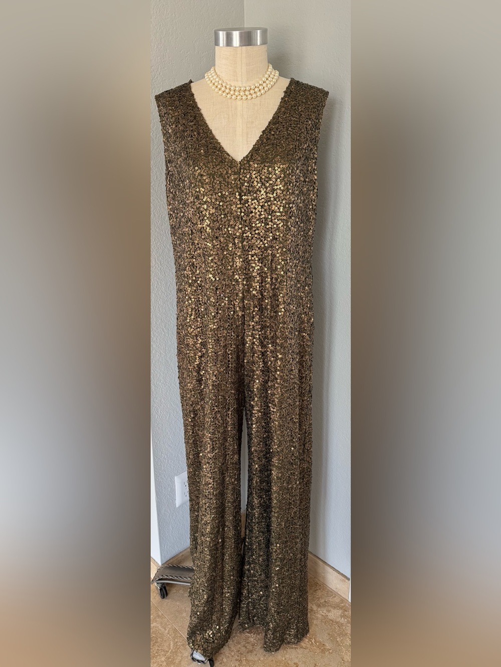 ELVI Matte Sequin Jumpsuit Brass Camo Green US 16
